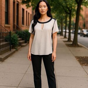 Melissa Paige Top Women Large Short Sleeve White/Black Pullover Dressy Neckline